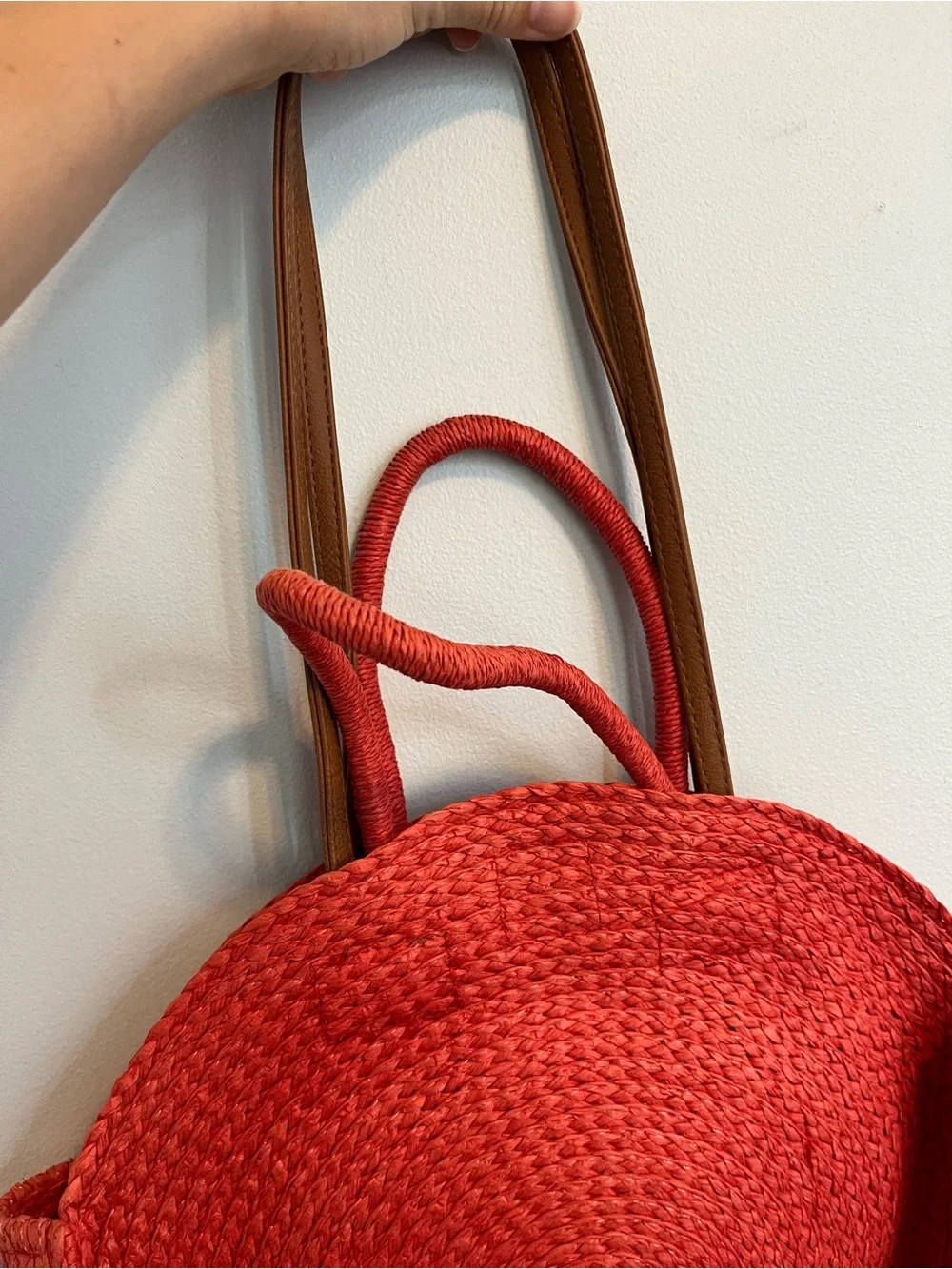 Time and Tru orange Coral Round Straw Tote bag with Tan Handles purse circle